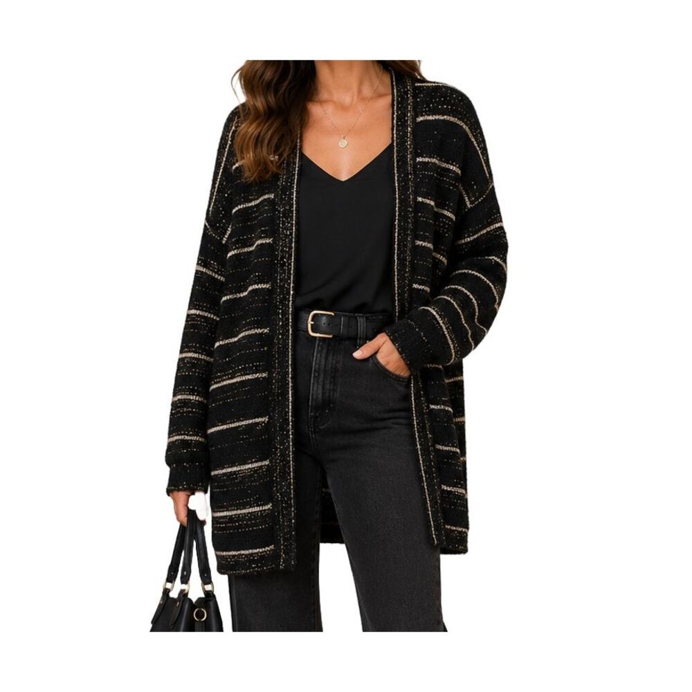 ModCloth Black Metallic Striped Cardigan Fuzzy Open Front Sweater S Soft Grunge - Picture 3 of 6
